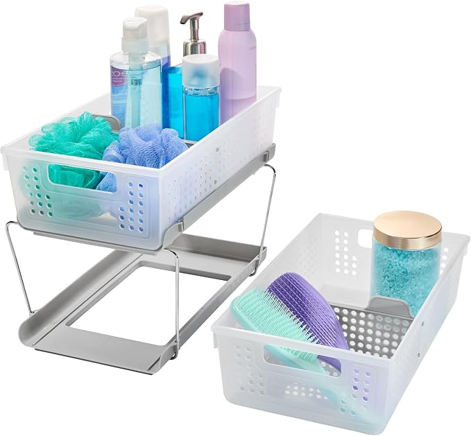 madesmart 2 Tier Bath Organizer,Undersink Storage with Sliding Drawers,for Cleaning Supplies, Pantry, Sponges,Bottles&Kitchen Essentials,Adjustable Dividers&Pull Out Sliding Baskets,Frost, (Pack of 2)