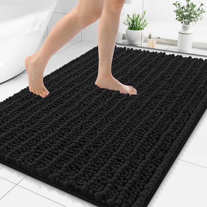 Smiry Bathroom Rugs Mat 50x30, Extra Soft Absorbent Chenille Bath Rugs, Non Slip Rubber Backing Machine Washable Quick Dry Bath Mats for Bathroom Floor, Tub, Shower, Home Decor Accessories, Black