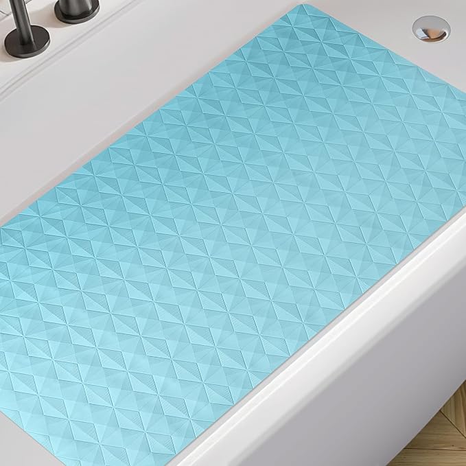 Non Slip Bathtub Mat for Bath Tub Shower Safety - Natural Rubber Mat with Suction Cups ＆ Drain Holes - BPA/PVC Free Large Bathroom Mat - Machine Washable - Unique Diamond Pattern - 17 × 35 Inch