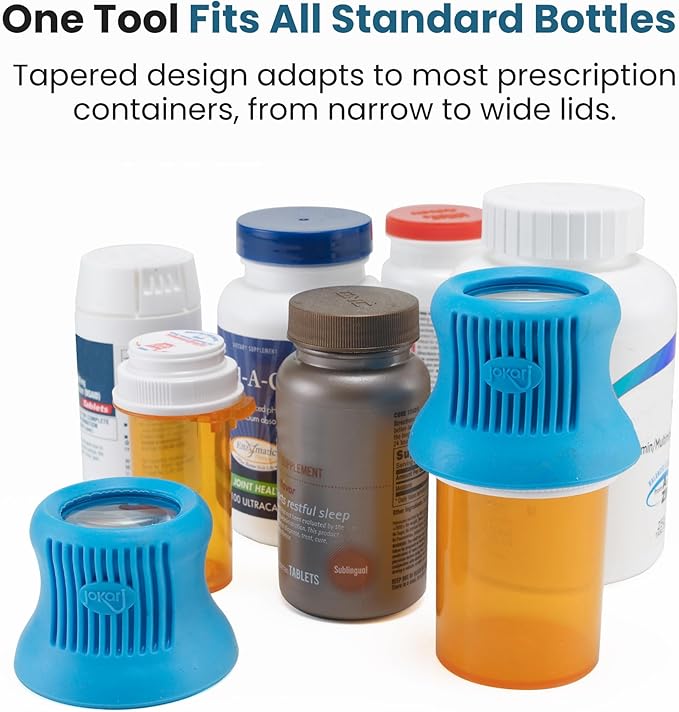 Jokari Easy Open Medicine Bottle Opener with 4x Magnifier for Seniors and Arthritis Built-in Cap Grip Tool for Pill Bottles Prescription Labels Vitamins and Supplements