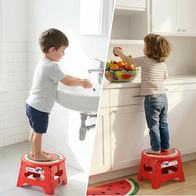 ACSTEP Folding Step Stool 9 Inch, Sturdy Collapsible Step Stool Foldable Up to 265 lb for Kids Toddlers & Adults, Non Slip Foot Stools w/Handle for Kitchen, Bathroom, Bedroom, Outdoor, Watermelon Red