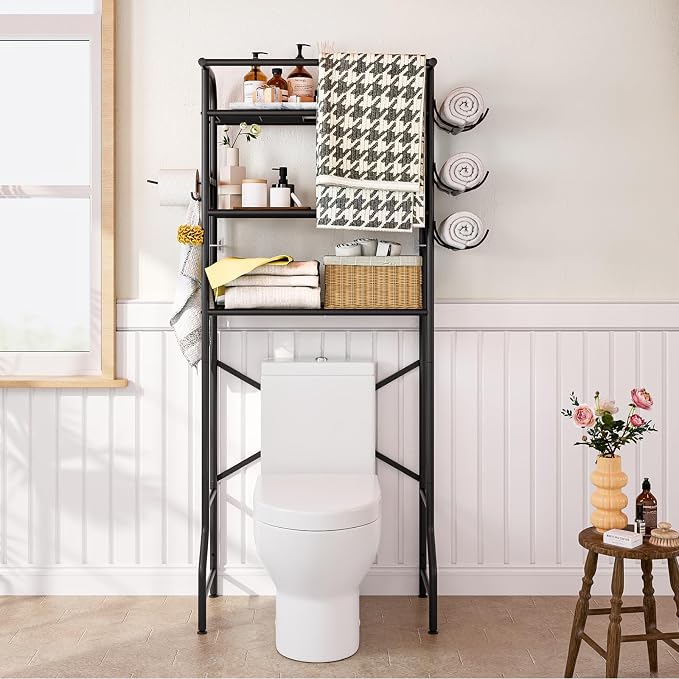 Over The Toilet Storage Metal 3 Tier Bathroom Organizer Shelf with Paper Holder Easy to Assemble & Space Saving (Black)