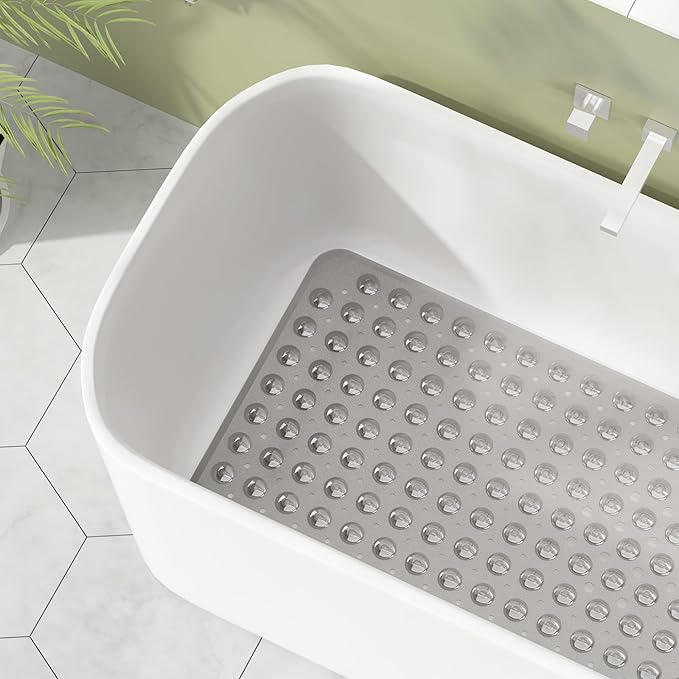 AmazerBath Shower Mat Non Slip 40 x 16 Inches, Shower Stall Mats with Suction Cups and Drain Holes, Non Slip Bath Mat for Tub for Elderly & Kids, Clear Gray