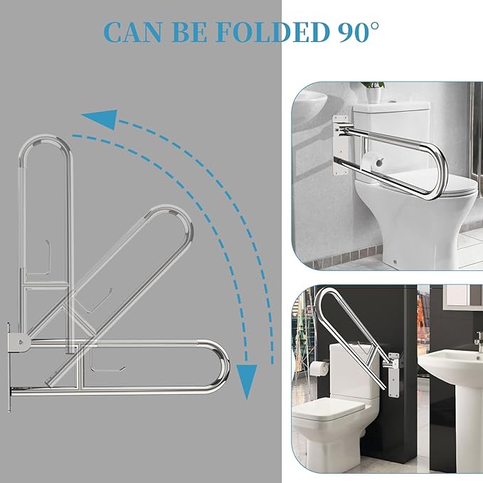 Toilet Grab Bar 32 Inch Chrome, Munzong Anti-Slip Handicap Grab Bars with Paper Holder, Flip-Up Bathroom Safety Rails, Stainless Steel Knurled Support handrails for Seniors Elderly Disabled Pregnant