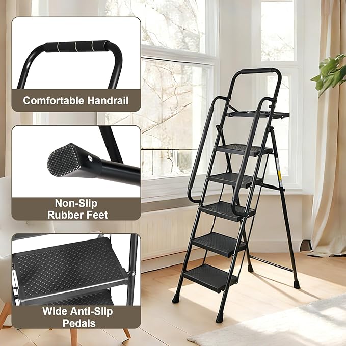 Valeo 5 Step Ladder with Handrails,500 Lbs Capacity,Folding Step Stool Ladder with Tool Platform,Wide Anti-Slip Pedal,Step Ladder 5 Step Folding,Multi-use for Home,Kitchen,Office,Black