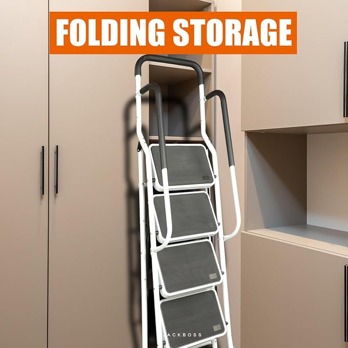 Jack Boss 4 Step Ladder, Requires Simple Installation, Folding Lightweight Step Stool with Handrails and Wide Anti-Slip Pedal for Home, Kitchen and Garage, Service Height 37.8 inch, 400 lbs Capacity