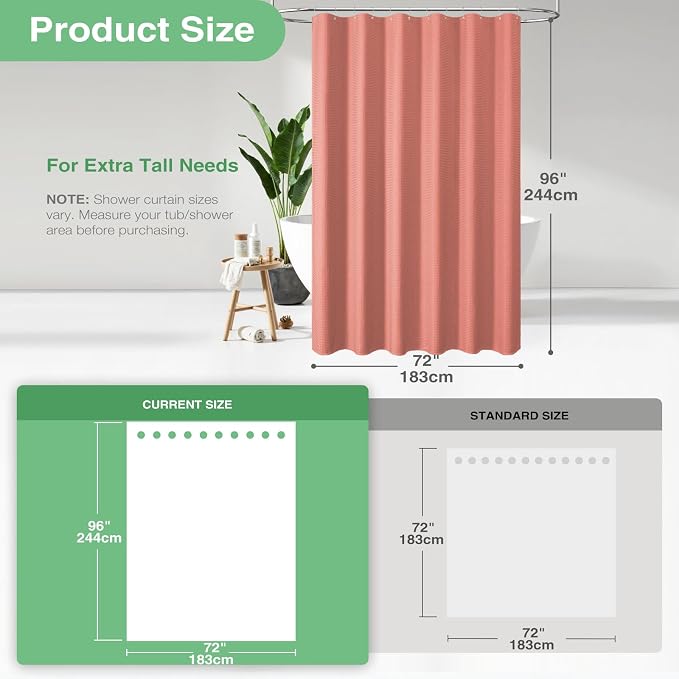 Dynamene Extra Long Shower Curtain - 96 Inch Long Waffle Weave Weighted Thick Cloth Bathroom Shower Curtain, Neutral Heavy Duty Hotel Bath Curtain Set with 12 Plastic Hooks,72x96, Coral