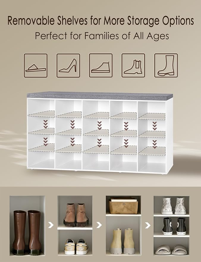 DINZI LVJ Shoe Storage Bench, 20-Cubby Shoe Rack Bench with Cushion, Fully Adjustable Shelves, Shoe Organizer for Closet, Entryway, Mudroom, Hallway and Garage, White