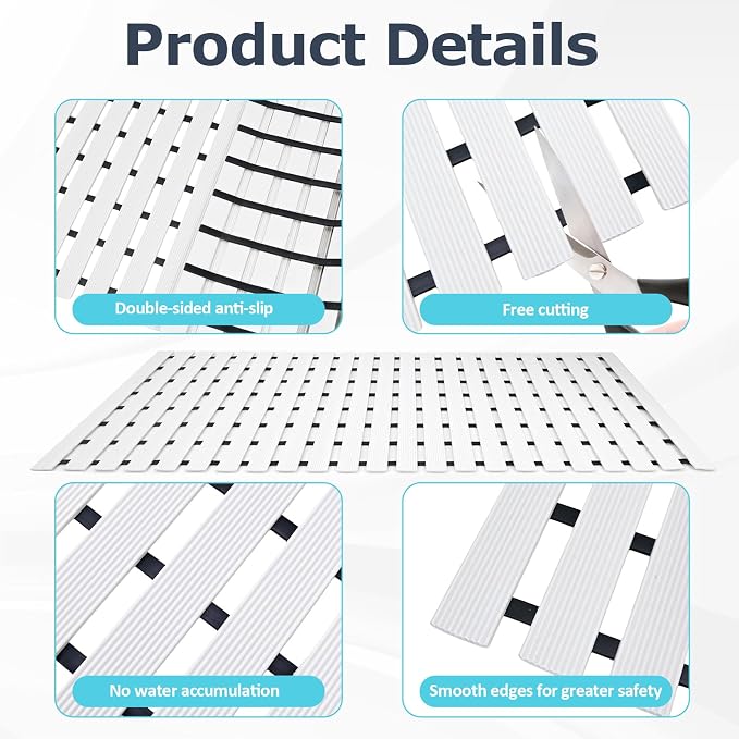 White Weighted Non Slip Bathtub Mat Without Suction Cups,Textured TPE Bath Mat for Textured Tub & Shower Surfaces,Doesn't Float, Works on Tile and Stone(33.8”x 17”)