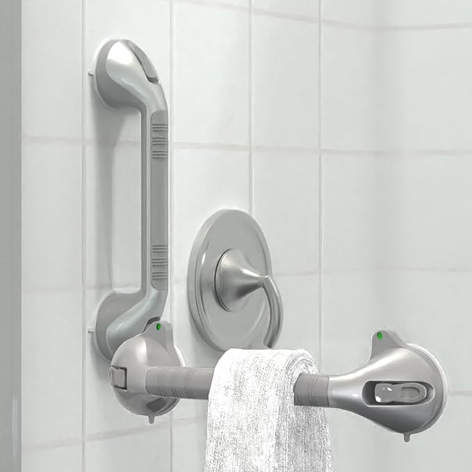 17“ Suction Shower Grab Bar with Indicators, Tool-Free Installation, Steady Handle for Balance Assist for Bathtub, Toilet, Bathroom, Dual Tone, Silver/Gray 2-Pack