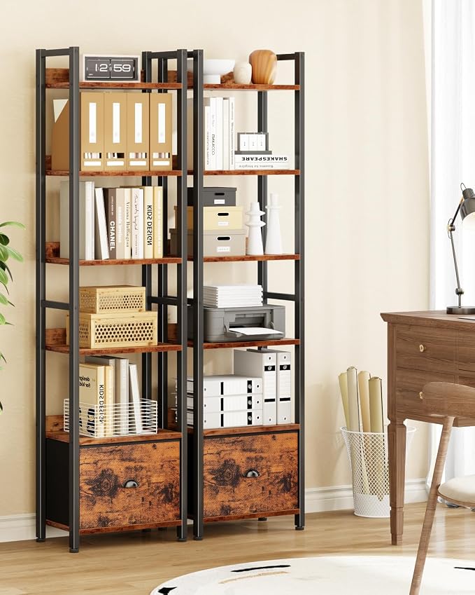 Furologee Book Shelf Set of 2, 6 Tier Tall Shelf with Drawer, Bookshelves and Bookcases Set of 2, Industrial Display Shelving Unit for Bedroom, Living Room, Home Office, Rustic Brown