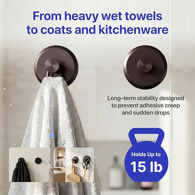 HOME SO Suction Cup Hooks for Shower & Bathroom Towel Holder 2-Pack – Suction Cups Hooks for Hanging Towels, Robes, & Coats - Tiles, Glass Door or Mirror – Shower Hooks & Towel Hooks Organizer -Bronze