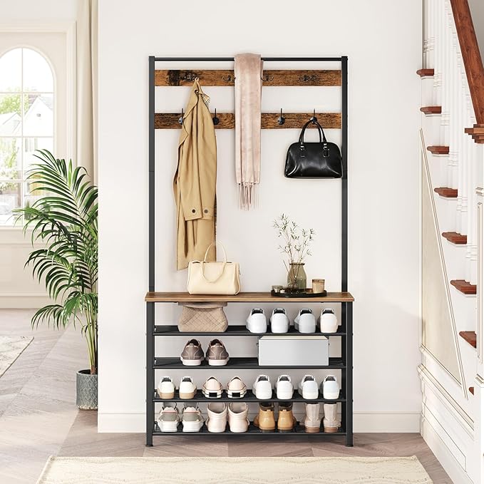 HOOBRO Hall Tree, Coat Rack with Shoe Rack, 39.4” Hall Tree with Bench, 5 Tier Shoe Storage Organizer with 9 Hooks for Entryway, Closet, Sturdy, Industrial, Rustic Brown and Black BF801MT01