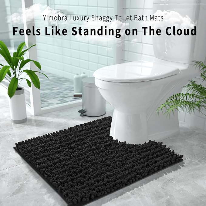 Yimobra Toilet Rug U Shaped Washable 24x24 Inch - Ultra Soft Absorbent Chenille Bath Rugs for Toilet, Quick Dry & Machine Washable, Non Slip Contour Bathroom Mat, Black