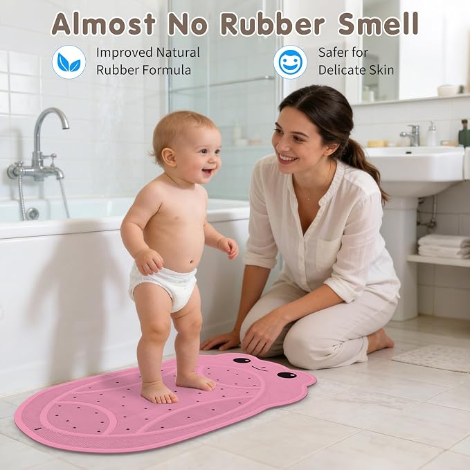 Bathtub Mat Non Slip, Shower Mat for Kids with Natural Rubber no Plastic Smells, Baby Bath Mat for Tub Non Slip with Strong Suction Cups, 30"x18", PVC-Free, Safe Comfortable Fun for Kids, Pink
