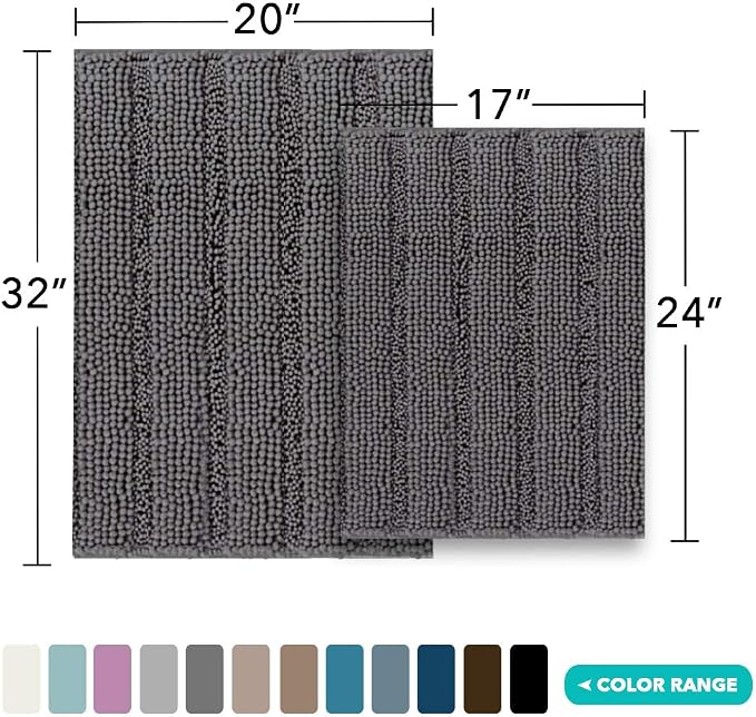 Turquoize Chenille Bathroom Rugs Set Non-Slip Bath Mats for Bathroom Extra Soft and Absorbent Shaggy Bath Mats for Bath Room Floor Indoor Mat for Kitchen/Entryway (20" x 32" and 17" x 24"), Gray