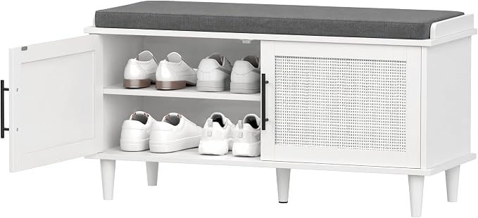 Akxomel Rattan Shoe Storage Bench with Cushion, 2-Tier Entryway Bench with Adjustable Shelves and 2 Doors, 15" D x 39.4" W x 20" H, Solid Wood Legs, for Hallway, Living Room, Bedroom, White