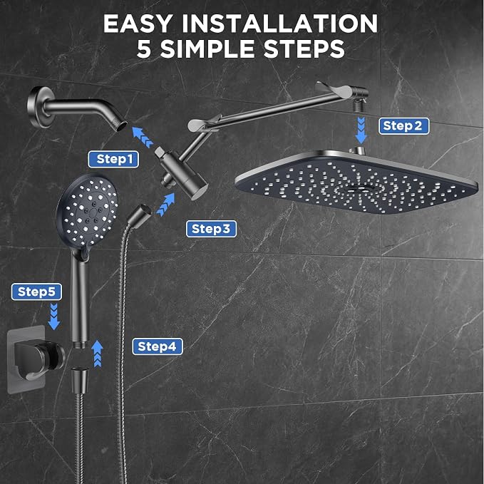 Veken 11.8" Rain Shower Head with Handheld, High Pressure Handheld Shower with Multi Spray Modes, Rainfall Combo with 15" Metal Extension Arm, Detachable Dual Shower, Bathroom Decor, Gunmetal Gray
