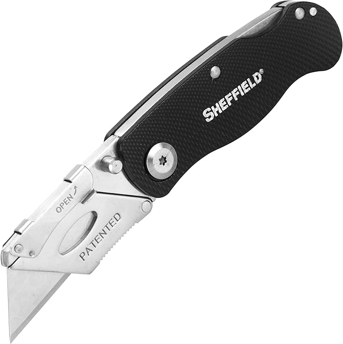 Sheffield Folding Utility Knife, Accepts Standard Utility Knife Blades, Box Cutter Aluminum Handle, Razor Blades Included, For Home, Office, Trades, and Warehouse