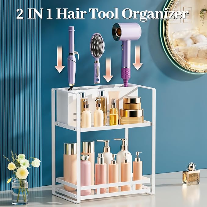 SanDream Hair Tool Organizer Bathroom Countertop, 2-Tier Metal Bathroom Organizer with Blow Dryer Holder, Large Capacity Space-Saving Vanity Shelf for Perfume, Skincare & Makeup Storage (White)