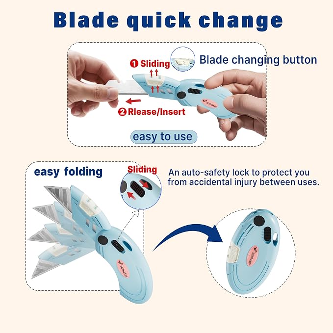 Box Opener with 10 Extra Blades,Mini Box Cutter with Button Lock Mechanism,Razor Blades Utility Knife for Opening Daily Express Boxes, Packages, Envelopes,Paper tapes.4 Colors,8 Pcs.