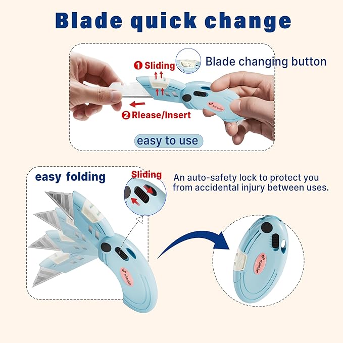 Box Opener with 10 Extra Blades,Mini Box Cutter with Button Lock Mechanism,Razor Blades Utility Knife for Opening Daily Express Boxes, Packages, Envelopes,Paper tapes.Blue,4 Pcs.