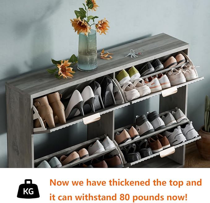 Shoe Cabinet Storage,Modern Freestanding Organizer with 4 Flip Drawers,Narrow Shoe Rack Cabinet for Entryway,Grey