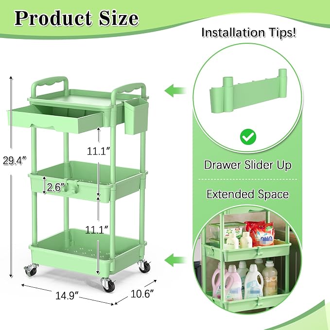 SUNALLY 3-Tier Rolling Cart with Drawer & Lockable Wheels, Bathroom Storage Organizer Multifunctional Rolling Storage Cart for Bathroom, Kitchen, Office, Craft, Makeup, Baby Essentials, Green