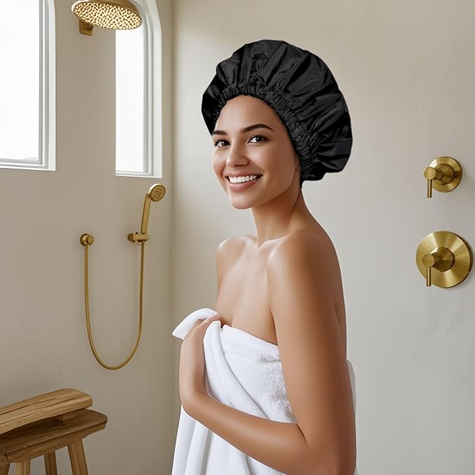Reusable Shower Cap for Women, Large Waterproof Shower Bonnet with Elastic Band, Washable Bath Hair Cap for Long, Curly Hair, Braids, Daily Shower, Home Spa, Travel(Pink&Black)