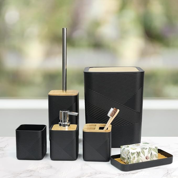 CERBIOR Bathroom Accessory Set with Shower Curtain, Includes Shower Curtain,Soap Dispenser, Toothbrush Holder, Toothbrush Cup, Soap Dish for Decorative Countertop and Housewarming Gift,Black,20PC