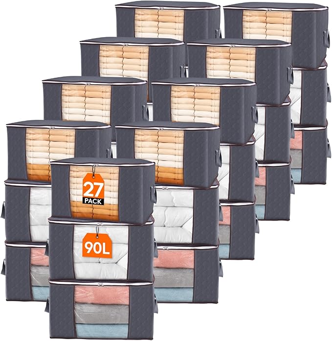 Lifewit 27 Pack 90L Clothes Storage Bins with Lids, Foldable Blanket Storage Bags with Zippers, Clear Window and Reinforced Handles, Closet and Organization for Clothing, Sweater, Comforter, Bedding