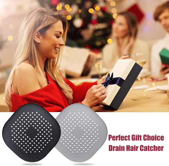 Hair Drain Catcher,Square Drain Cover for Shower Silicone Hair Stopper with Suction Cup,Easy to Install Suit for Bathroom,Bathtub,Kitchen 2 Pack (Sliver Grey Black)