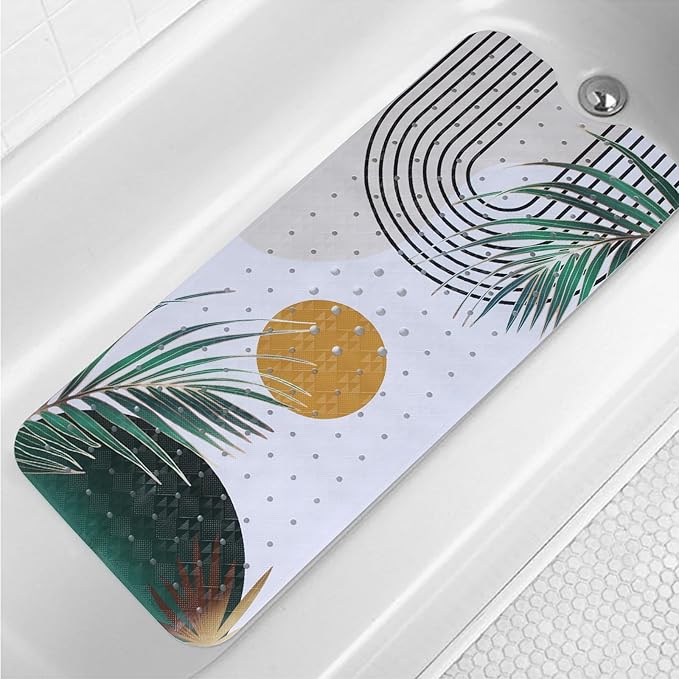 Bathtub Mat Non Slip Boho 40x16in Palm Leaves Extra Long Bohemia Bath Mat for Tub Abstract Art Anti Slip Shower Mat for Bathroom with Large Drain Holes and Suction Cups Quality Bath Mats Decor