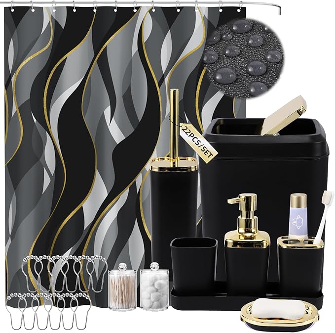 XLHOMO Black Bathroom Set, Bathroom Sets with Stripe Shower Curtain, Black and Gold Bathroom Accessories with Trash Can, Soap Dispenser, Soap Dish, Toilet Brush Holder, Qtip Holders for Bathroom