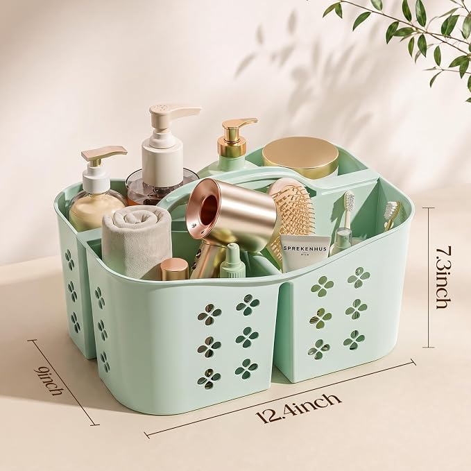 PQH Portable Shower Caddy with Handle, Large Capacity Shower Basket Organizer, Quick-Drain Bathroom Storage Tote, Durable Plastic Shower Organizer for College Dorm, Beach, Gym Essentials, MintGreen