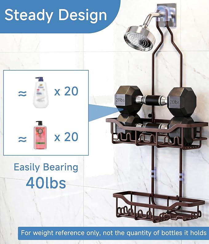 Upgraded Extended Length Shower Organizer with Hooks, Rustproof Shampoo Soap Holder, Large Hanging Bathroom Caddy