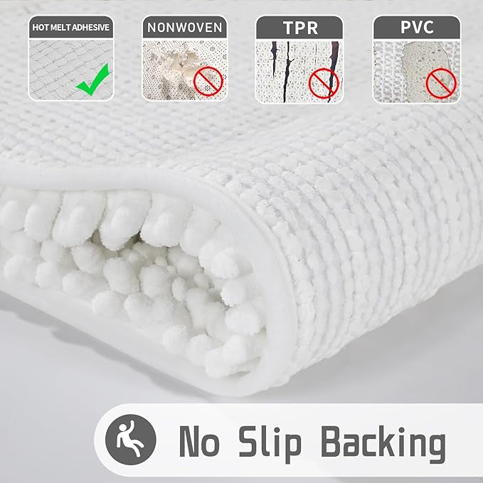 Yimobra Bathroom Rugs Non Slip Washable - Ultra Soft Absorbent Chenille Bath Mat, Quick Dry Shaggy Floor Carpet for Tub Shower, White Home Decor Accessories, 24x17 Inch