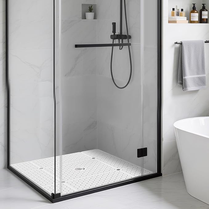 Yolife Square Shower Mat, 27" x 27" Large Shower Mat with Center Drain Hole, Soft TPE Non Slip Shower Mats for Inside Shower with Suction Cups, Anti Slip Washable Shower Floor Mat, White