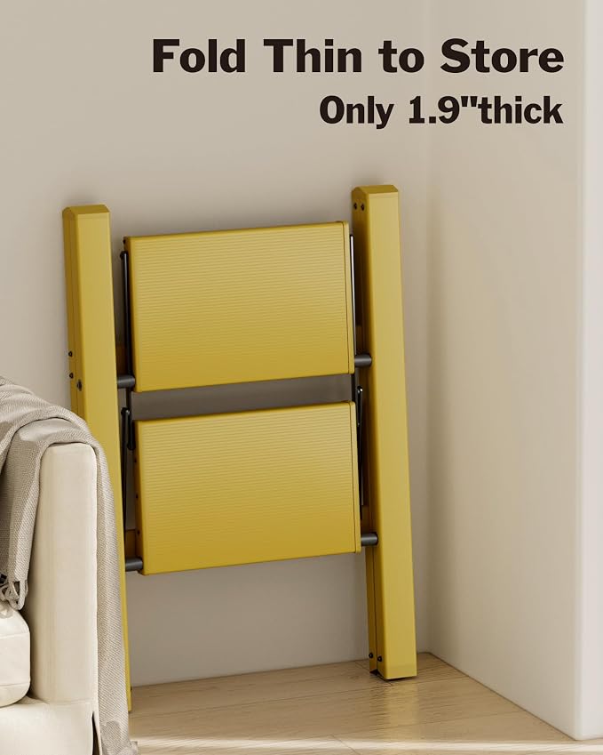 2 Step Ladder, Aluminum Lightweight Folding 2 Step Stool with Anti-Slip Wide Pedal,330lbs Capacity Steel Ladder for Household and Office(Soft Dusk Yellow)