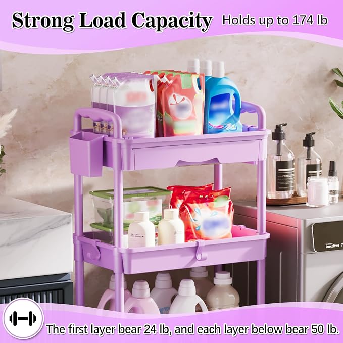 SUNALLY 4 Tier Rolling Cart Organizer with Drawer, Bathroom Storage Carts with Wheels & Plastic Shelf, Mobile Storage Organizers for Kitchen, Office, Laundry Room, Baby, Snack, Craft, Makeup, Purple