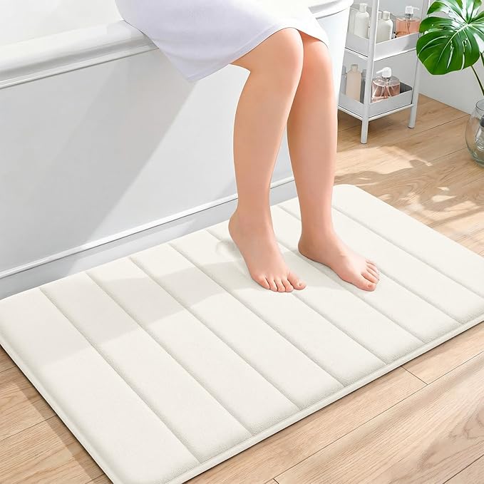 OLANLY Memory Foam Bath Mat 36x24, Super Soft Absorbent Bathroom Rugs, Quick Dry, Machine Washable Shower Floor Rugs, Bathmat Carpet, Bathroom Home Decor Accessories, Ivory