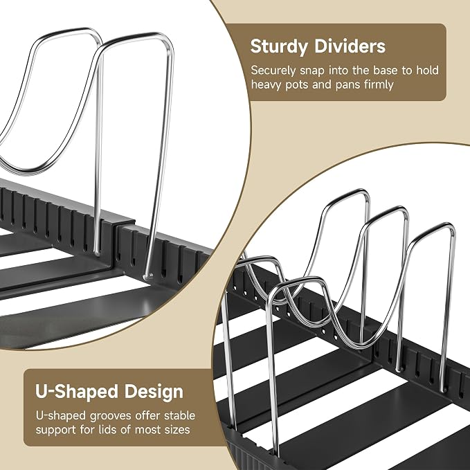 MUDEELA Pot Lid Organizer Rack for Cabinet, Expandable Pots and Pans Organizer under Cabinet with 12 Adjustable Dividers, Pan Organizers Holder inside Cabinet for Cutting Boards, Baking Sheets, Black