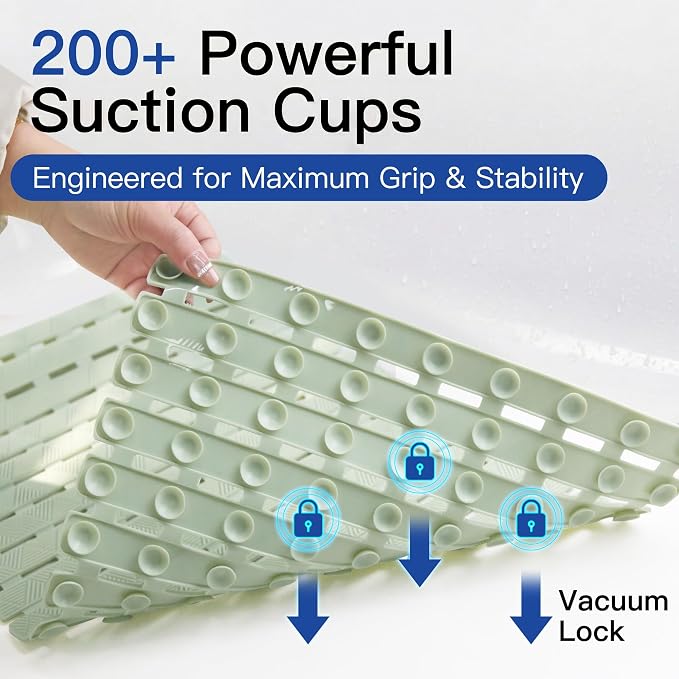 Non Slip Bathtub Mat - Shower Mats for Inside Shower, Rectangular PVC Tub Mat with 200+ Suction Cups for Safety, 27x16 Inch, Sage Green