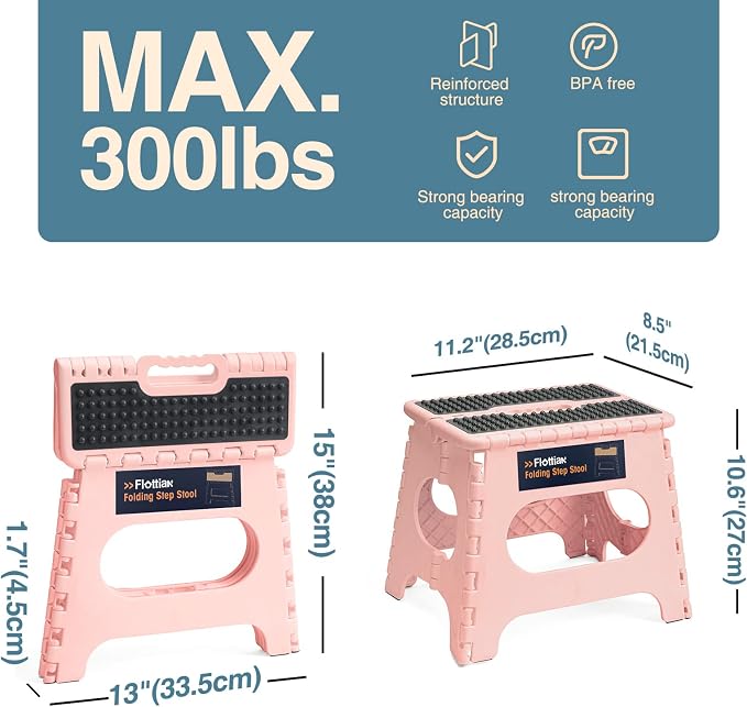 Flottian 11" Folding Step Stool for Adults and Kids Holds Up to 300 lbs,Non-Slip Folding Stools with Portable Handle, Compact Plastic Foldable Step Stool for Bathroom,Bedroom, Kitchen Sakura Pink