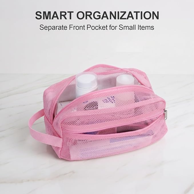 F-color Mesh Shower Caddy Portable with Zipper - 2 Pockets Small Shower Bag Tote for Camping, Gym, Travel, Toiletry, Quick Dry Bathroom Essentials with S Hook, Pink