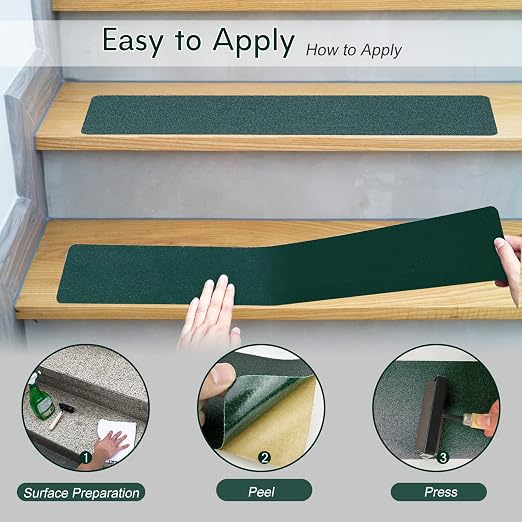 S&X Non Slip Stair Tread Tape, 5-Pack 6 x 24 Inch Pre-Cut Dark Green Grip Strips, Waterproof Abrasive Traction, Strong Adhesive PET Backing for Wood & Concrete Steps