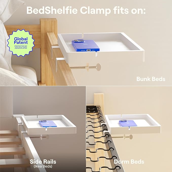 BedShelfie Wood Bedside Shelf for Bunk Bed & Top Bunk, College Dorm Room Essentials, Loft Nightstand, Floating Bed Side Table Tray Storage, Dorm Room Decor By Smallish - (DormEssential Wood, White)