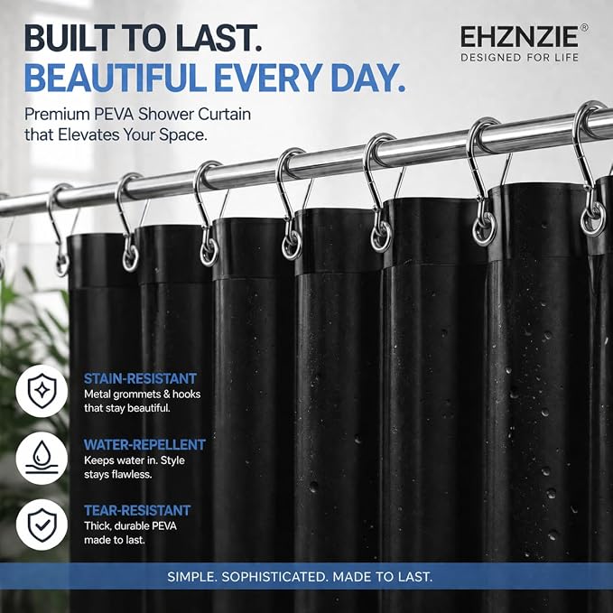 EHZNZIE Black Shower Curtain Liner 72x72, PEVA Waterproof Bath Curtain, No Chemical Smell, 3 Weighted Magnets, Durable with Rustproof Metal Grommets