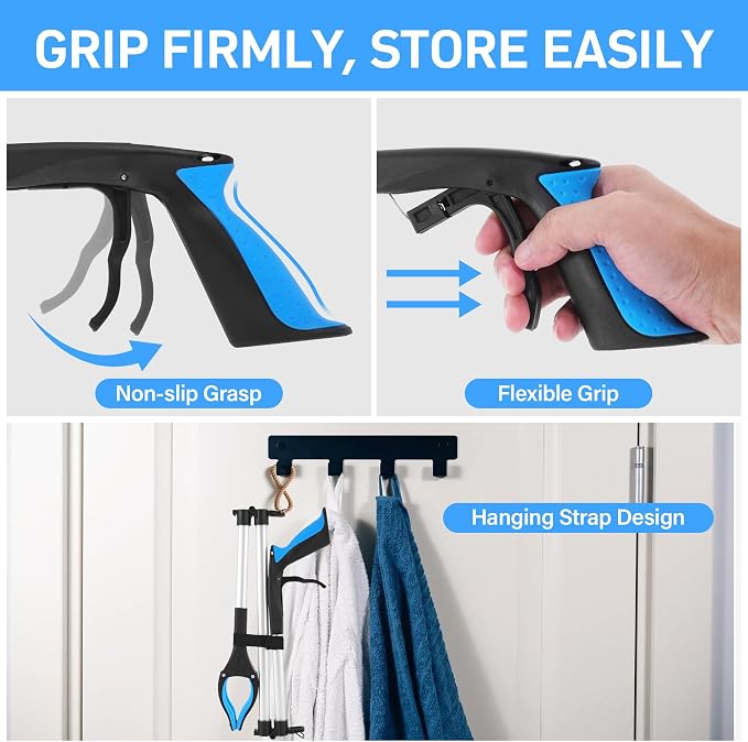 Grabber Reacher Tool for Seniors,36" Foldable Reacher Grabbers Pickup Stick with Anti-Slip 360° Rotating Jaw，with Magnet for Disabled, After Surgery Recovery (Blue, 36inch 2pack)