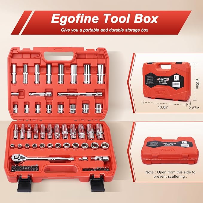 Egofine 3/8" Drive Socket Set, 76 PCS Ratchet Wrenches Set, Standard and Deep Metric (8 to 19mm)/SAE (5/16 to 3/4 inch) Size, with 72-Tooth Ratchet for Auto Repairing and Household, with Storage Case